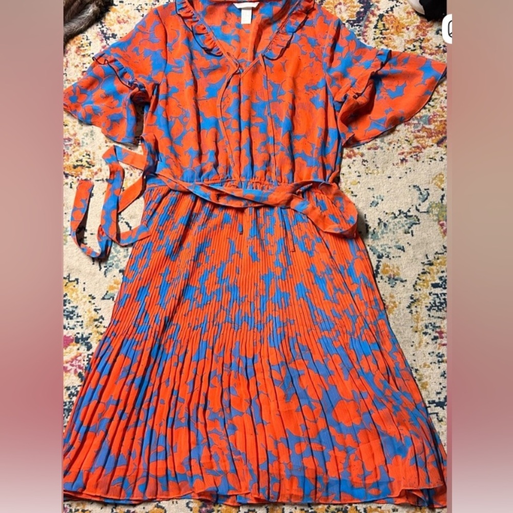 H&M Women’s 14 belted dress. Blue & Orange sheer floral